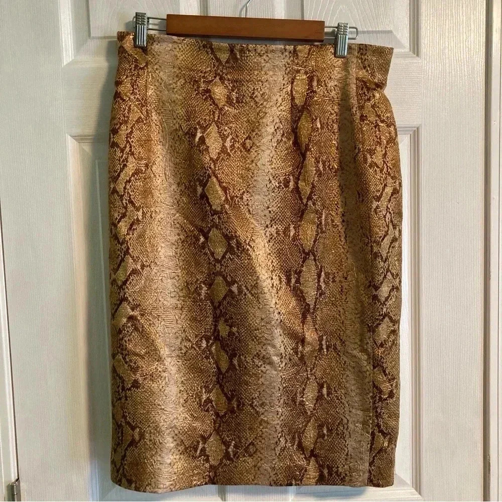 Lafayette 148 New York gold metallic snakeskin skirt wool and silk size 10